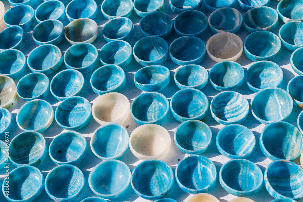 Blue alabaster stone bowls at a market in Luxor. Blue alabaster stone bowls at a market in Luxor.