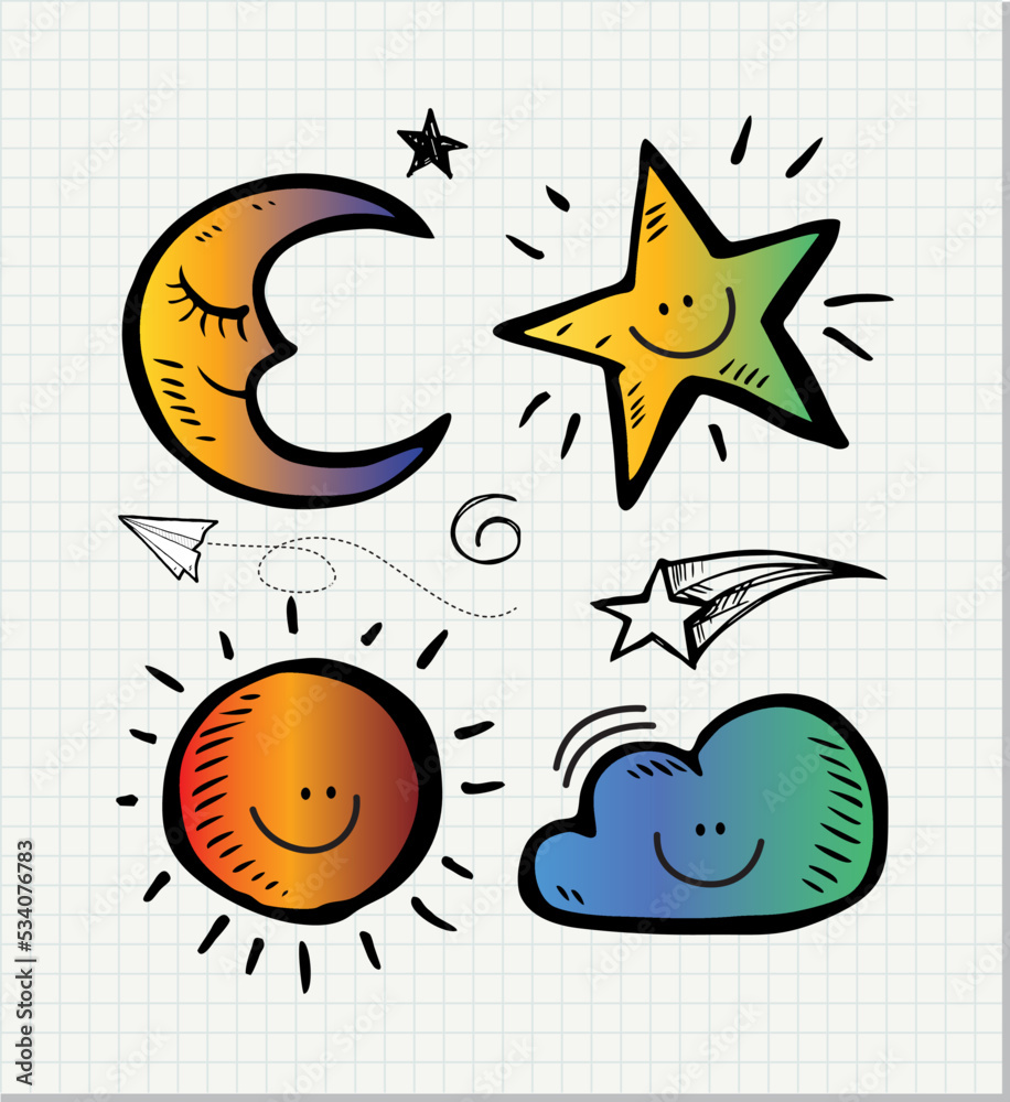 Set of black hand drawn doodle star,moon,sun,cloud in isolated on paper background. Set of black hand drawn doodle star,moon,sun,cloud in isolated on paper background.
