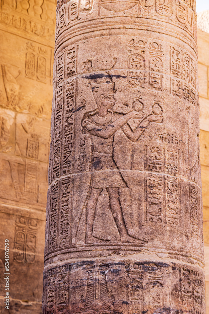 Carvings on a column at the Philae Temple, a UNESCO World Heritage Site.