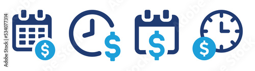 Annuity due icon set. Containing calendar or clock symbol with dollar icon sign. Vector illustration. Annual payment concept.