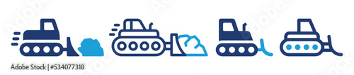 Bulldozer icon set. Loader machine for earthmoving works removing soil, icon solid and outline design vector illustration.