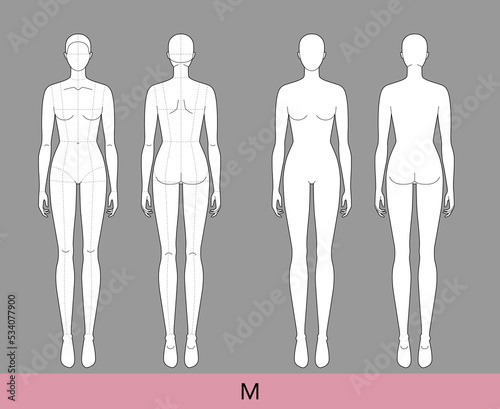 M Size Women Fashion template 9 nine head Croquis Lady with and without main lines model skinny body figure front back view. Vector isolated outline sketch girl for Fashion Design, Illustration