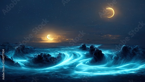 Night fantasy landscape with abstract mountains and isl. 3D render. Raster illustration. photo
