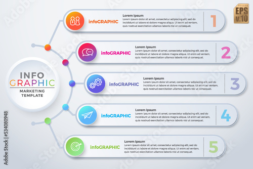 Infographic vector business marketing template colorful design circle icons 5 options isolated in minimal style. You can used for Marketing process, workflow presentations layout, flow chart, print ad