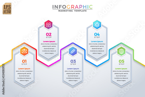 Infographic VECTOR business design hexagon icons colorful template. 5 options or steps isolated minimal style. You can used for Marketing process, workflow presentations layout, flow chart, print ad.