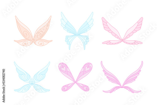 Set of fairy wings of delicate pink and blue colors cartoon vector illustration
