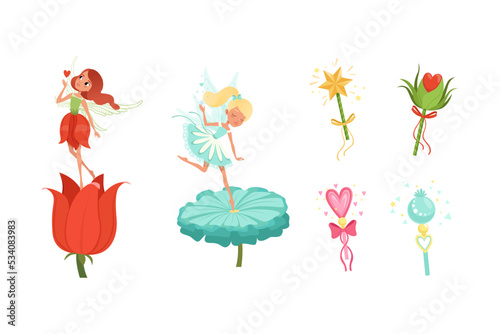 Beautiful little winged fairy girls on flowers and magic wands collection set cartoon vector illustration