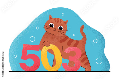 503 error concept. Incorrectly entered link or error in webpage code, problems with Internet. Cute poster or banner for website. Adorable cat with colorful numbers. Cartoon flat vector illustration
