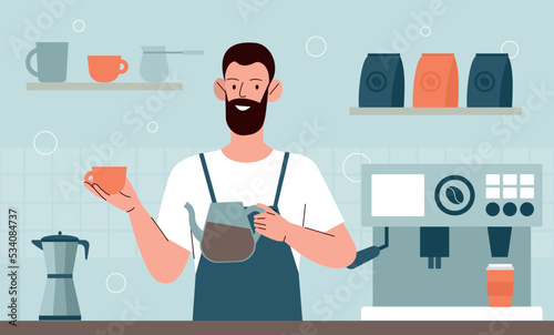 Barista at coffee shop. Man prepares coffee, hot drinks. Bartender in small cafe or restaurant, business owner. Waiter or seller welcoming visitors, shop counter. Cartoon flat vector illustration