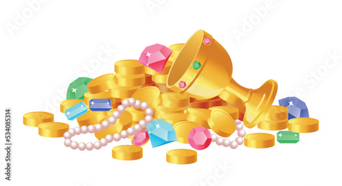 Treasures with golden cup. Luxurious crockery, jewelry, pearl necklace and gold coins with colorful crystals. Gnoluboy, green and pink diamonds. Poster or banner. Cartoon flat vector illustration