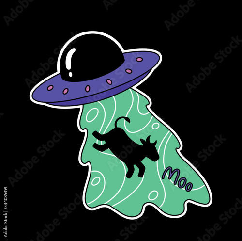 Abstract ufo icon. Aliens revere cow. Extraterrestrial life. Social network sticker, spaceship. Label for kids in retro style. 80s and 90s. Space and cosmos. Cartoon flat vector illustration