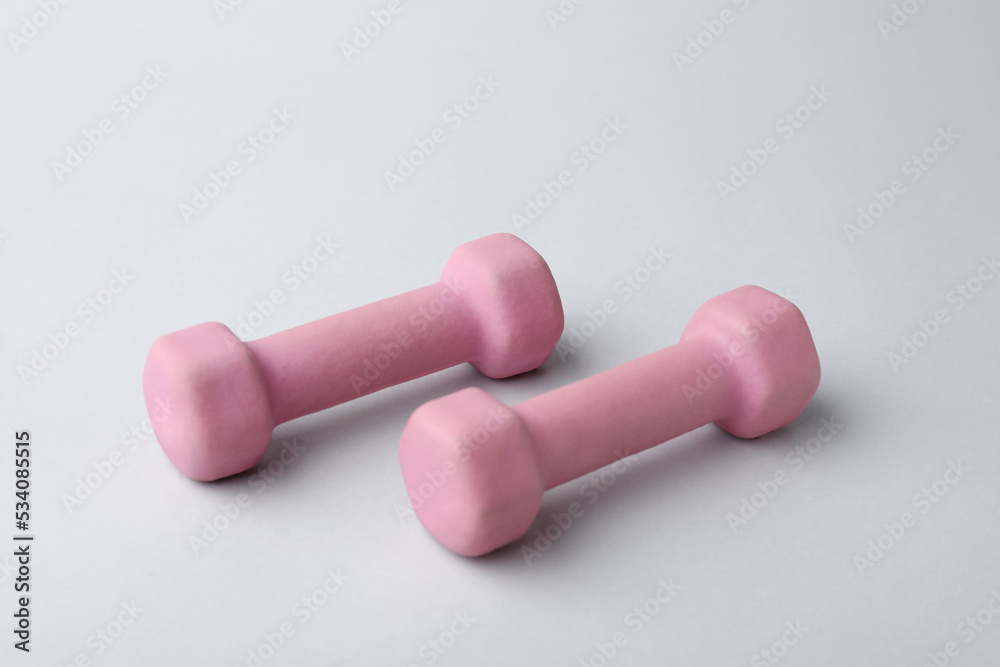Two pink rubber coated dumbbells on light background Two pink rubber coated dumbbells on light background