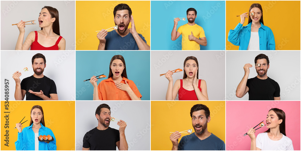 Collage with photos of people eating tasty sushi and rolls on different color backgrounds Collage with photos of people eating tasty sushi and rolls on different color backgrounds