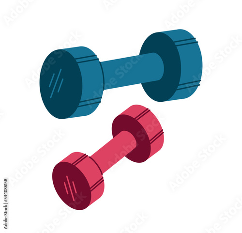 Sport dumbbells icon. Mens and womens equipment for strengthening muscles and gaining muscle mass. Fitness and active lifestyle. Graphic element, poster or banner. Cartoon flat vector illustration