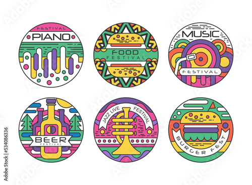 Food and music festival round labels set. Rock, beer fest colorful badges vector illustration