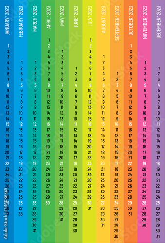 Creative calendar 2023. Rainbow vertical design. Editable vector illustration. Sundays holidays selected. (ID: 534086369)