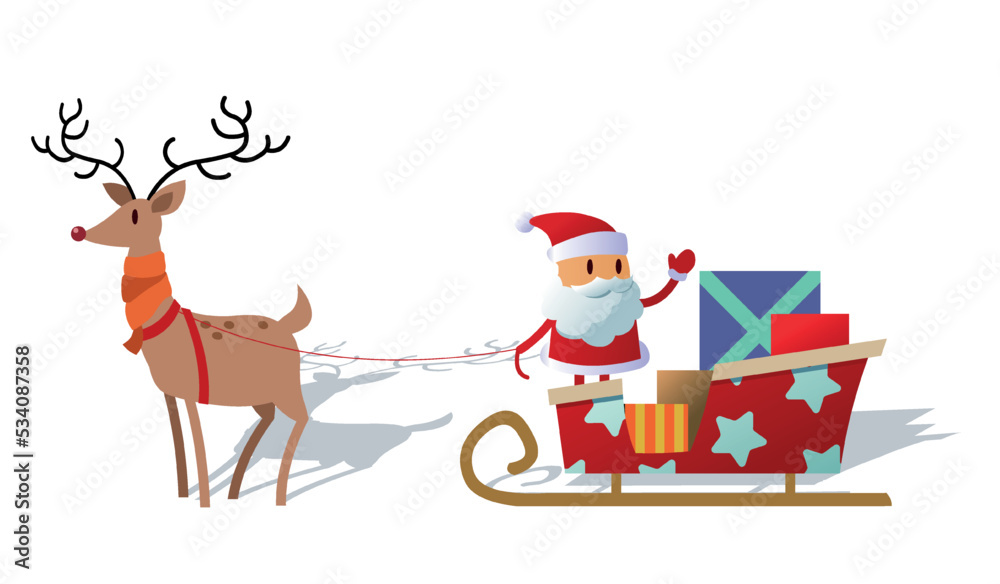 Santa on deer. Fictional characters, new year and christmas. Character on sleigh delivers presents to children. Traditions and culture, fairy tale and fantasy. Cartoon flat vector illustration