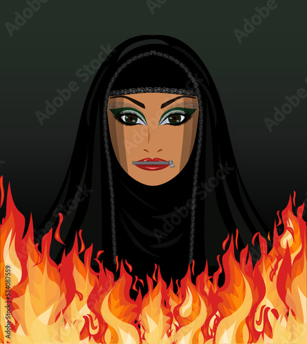 Muslim Arab woman in hijab and fire, mouth closed with a zipper,  Burka is like a prison. background vector illustration