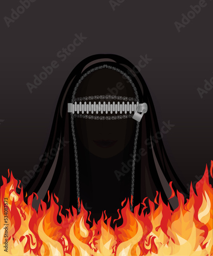 Muslim woman in burka zippered and fire, Burka is like a prison. background vector illustration