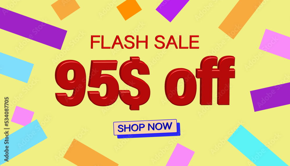 Flash Sale 95$ Discount. Sales poster or banner with 3D text on yellow background, Flash Sales banner template design for social media and website. Special Offer Flash Sale campaigns or promotions.
