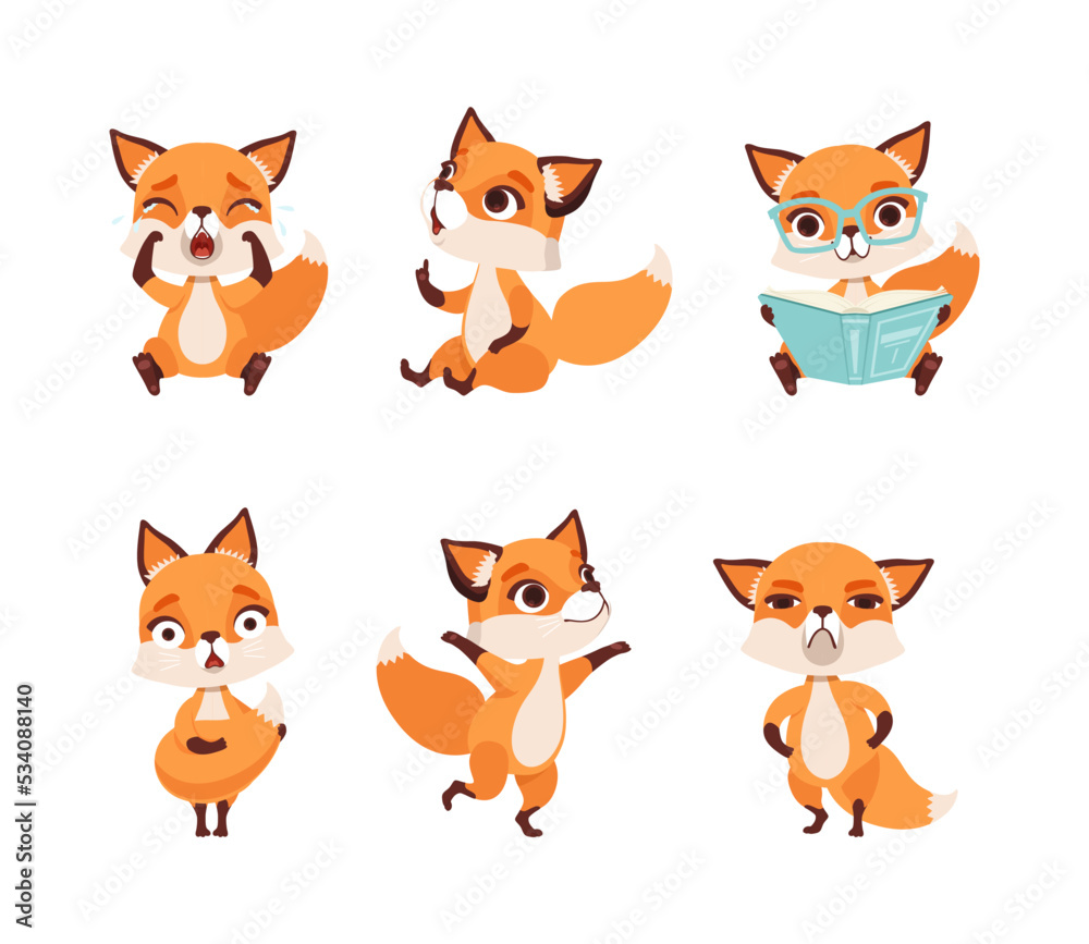 Cute emotional fox cub in different activities set cartoon vector illustration