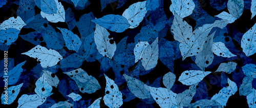 Abstract art background with tree leaves in blue in x-ray style. Botanical vector banner for wallpaper design, decor, print, interior design, textile, packaging, poster.