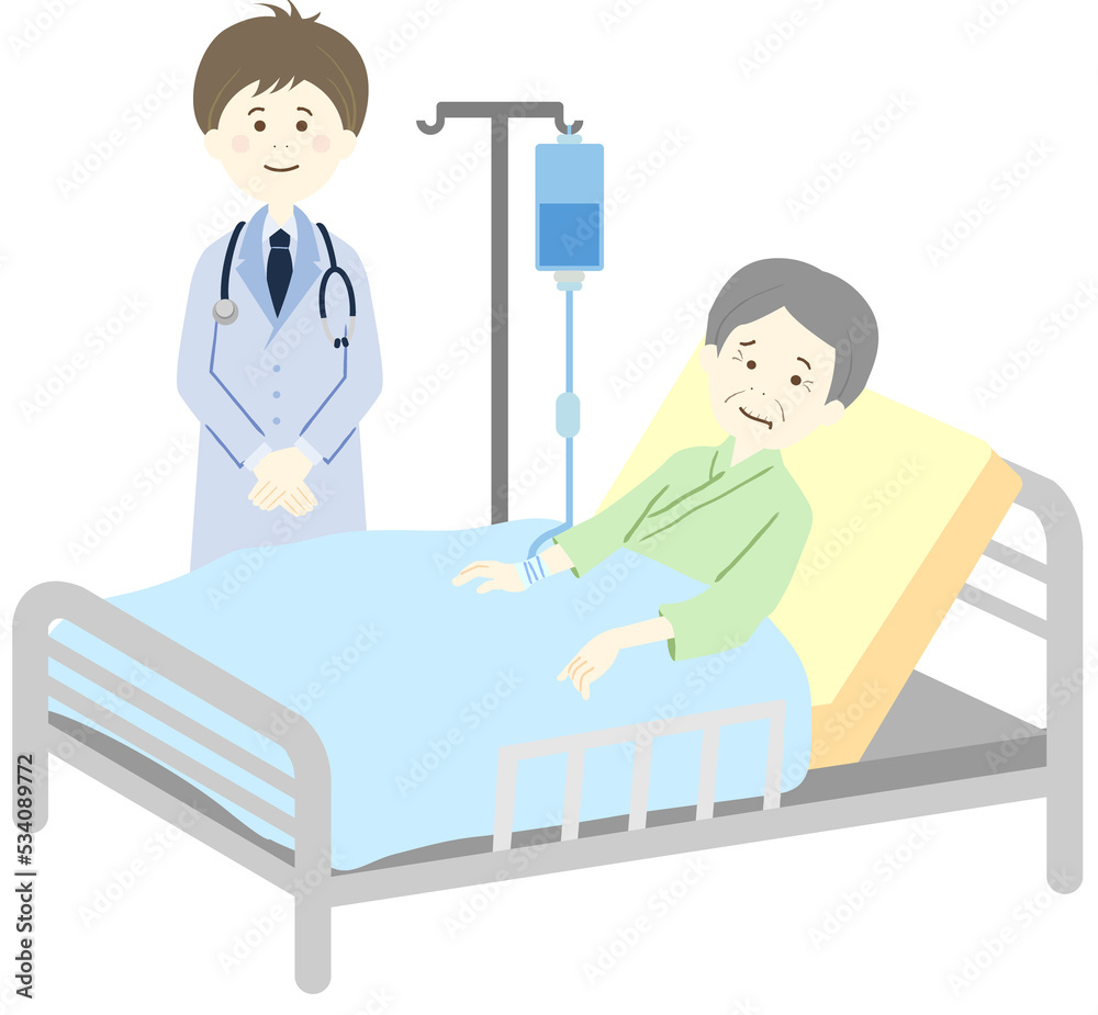 入院しているおじいさんと医師 入院しているおじいさんと医師