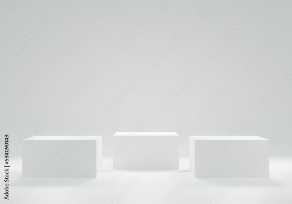 Three white square podiums and abstract background. cosmetic product presentation. mock up modern design. 3d render Three white square podiums and abstract background. cosmetic product presentation. mock up modern design. 3d render