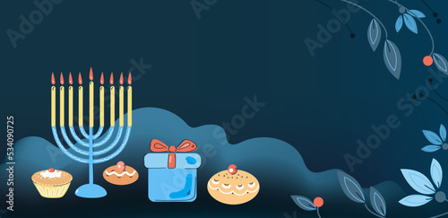 Jewish holiday Hanukkah greeting card and banner design. flat doodle vector illustration.