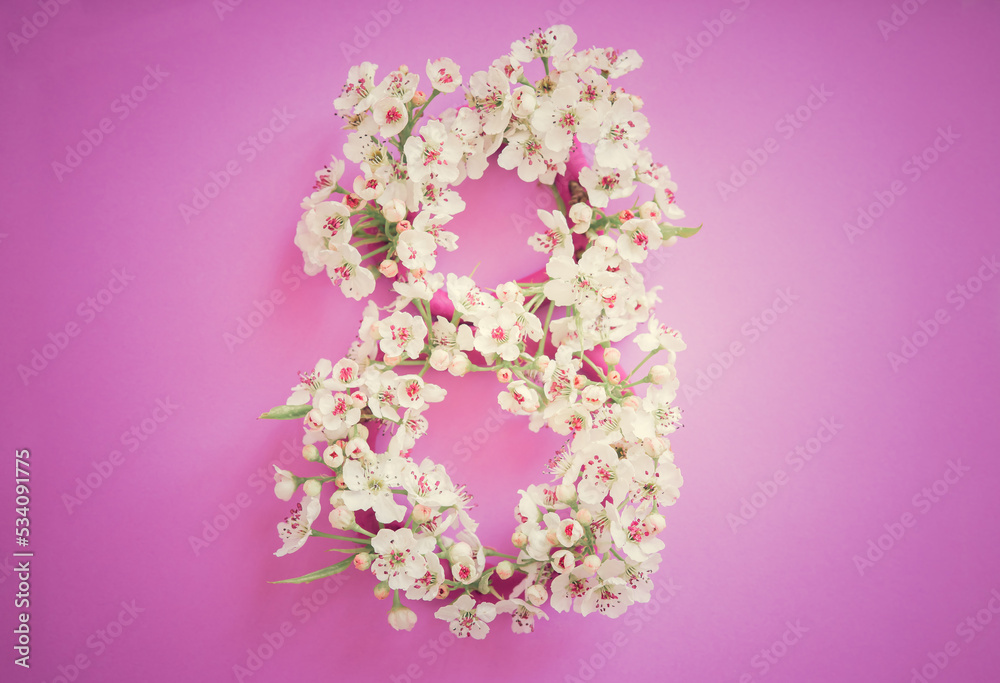 March 8th, International Woman's Day floral background.