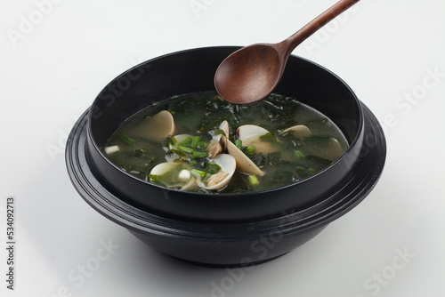 Seaweed soup, soup, seaweed, shellfish, food, Korean food, chopsticks, bowl, ingredients, cooking,미역국 ,국,  미역, 조개, 음식, 한식 ,젓가락 ,그릇 ,식재료, 요리, photo