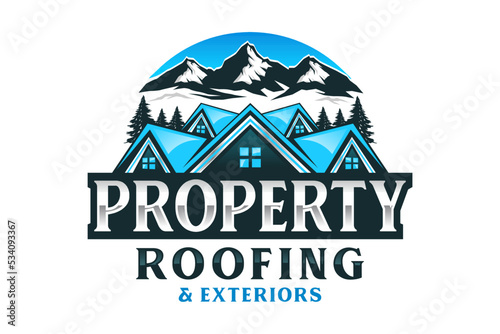 Property house logo real estate emlem rounded shape mountain hill window roof home 