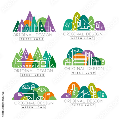 Green logo templates design set. Corporate identity, city landscape labels with buildings and trees vector illustration