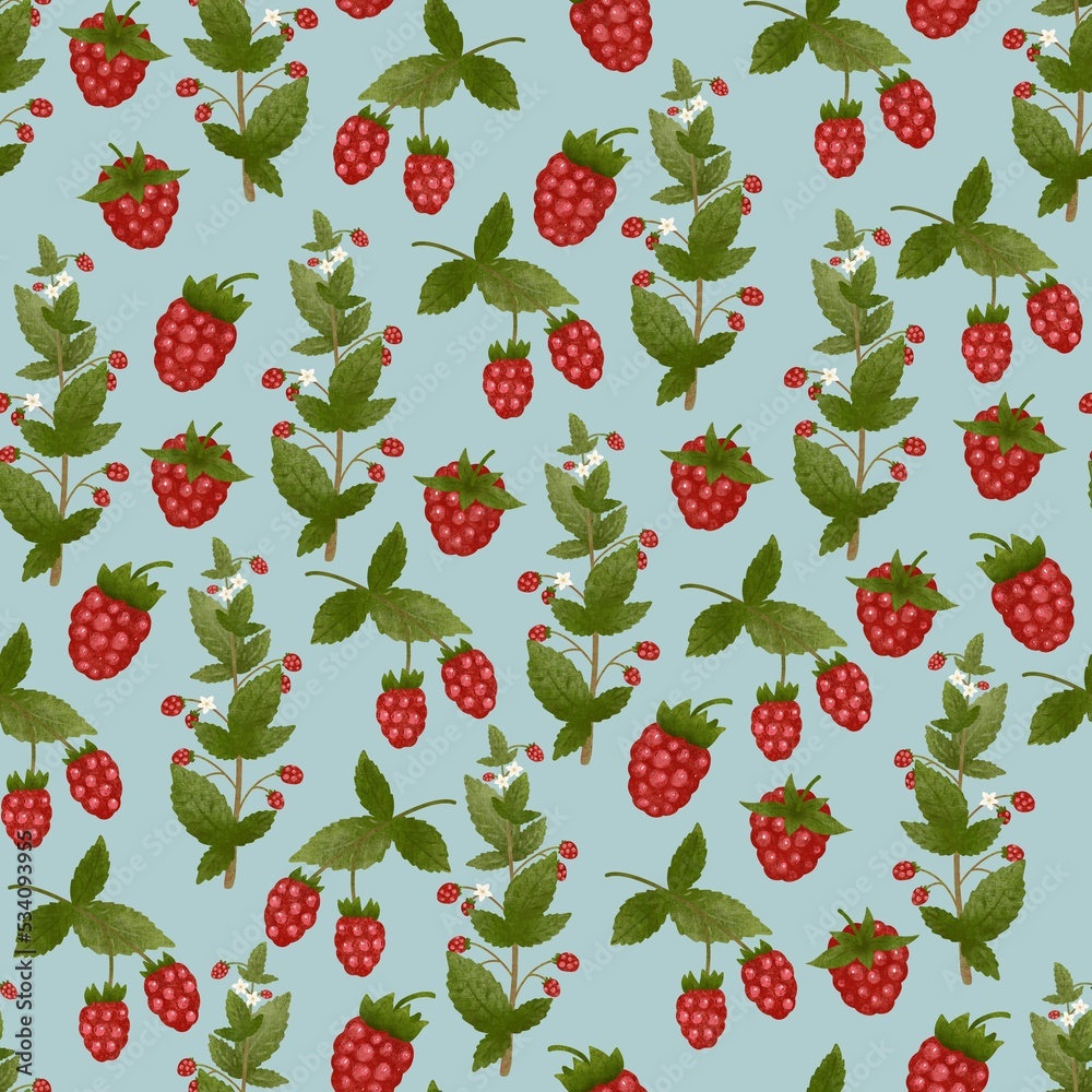 Raspberry seamless pattern on light green background. Textured isolated red berry with green leaves and stems. Bunch of wild cute plants. Modern illustration in a vintage style. Raspberry seamless pattern on light green background. Textured isolated red berry with green leaves and stems. Bunch of wild cute plants. Modern illustration in a vintage style.