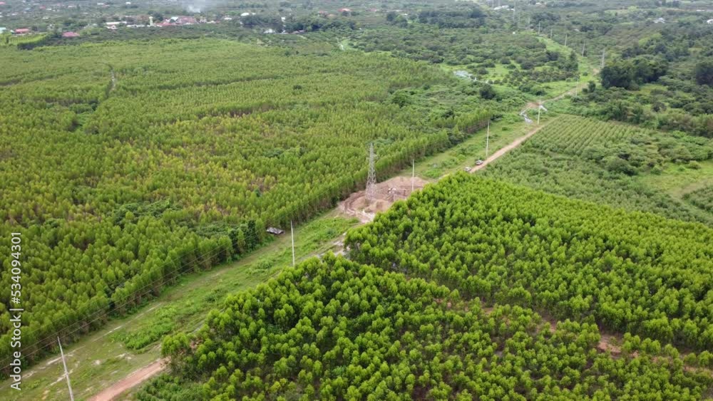 Aerial view of excavators are working on the foundations of high-voltage pylons and the legs of high-voltage poles. Top view of construction of power lines in the forest. Aerial view of excavators are working on the foundations of high-voltage pylons and the legs of high-voltage poles. Top view of construction of power lines in the forest.