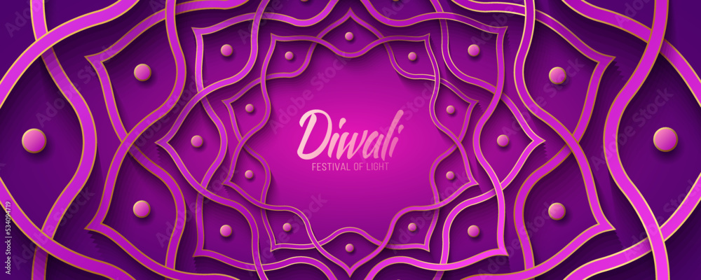 Indian mandala background or banner in paper cut style with gold for Diwali festival of light. Ornament lotus flower. Festive cover for website. 3D Vector illustration