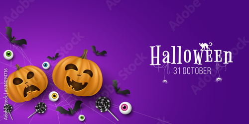 Halloween cover of emotional cartoon pumpkins with 3d eyes, black lollipops, bats on purple background. Trick or treat. Cover for holiday. Design greeting card. Vector illustration