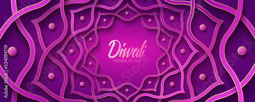 Indian mandala background or banner in paper cut style with gold for Diwali festival of light. Ornament lotus flower. Festive cover for website. 3D Vector illustration