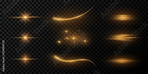 Set of golden light effects. Glare, stars and rays on dark transparent background. Flying star effect. Glowing elements for a Christmas night scenes. Beams with sparks. Vector