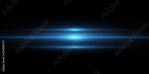 Horizontal light effect isolated on black background. Graphical element for design. Bright blue glowing lines. Lens flare. Abstract rays. Vector illustration