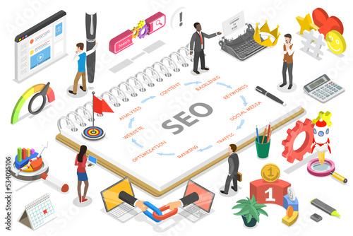 3D Isometric Flat Conceptual Illustration of Search Engine Optimization Steps.