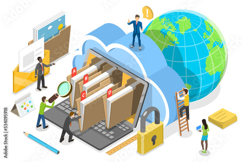 3D Isometric Flat  Conceptual Illustration of Document Management System.