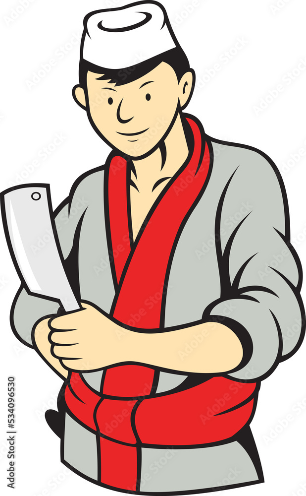 Japanese Butcher Holding Meat Cleaver Knife Japanese Butcher Holding Meat Cleaver Knife