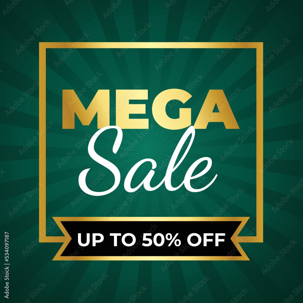 Obraz premium sunbrust green Background with Gold Mega Sale Discount, Abstract green wallpaper perfect for banners, posters, social media promotions, vector template. eps vector file