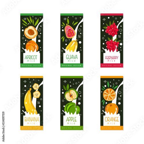 Fruit milk labels set. Organic product badges. Apricot, guava, raspberry, banana, apple, orange milk cartoon vector illustration