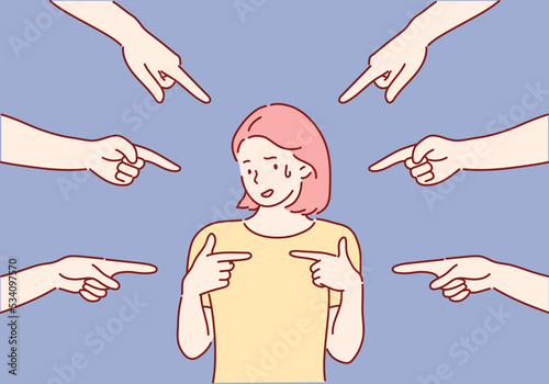 Blaming you. Anxious surprised woman being judged by different people pointing fingers at her. Hand drawn style vector design illustrations.