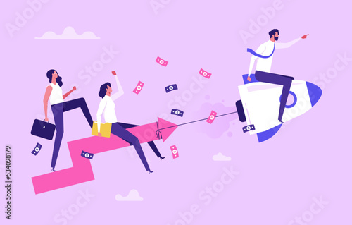 Business boost or successful startup concept with people characters and rocket  flat vector illustration. Company development and growth