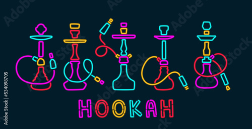 Hookah neon signs collection vector. Night Hookah Design Template, Light Banner, Night Bright Advertising