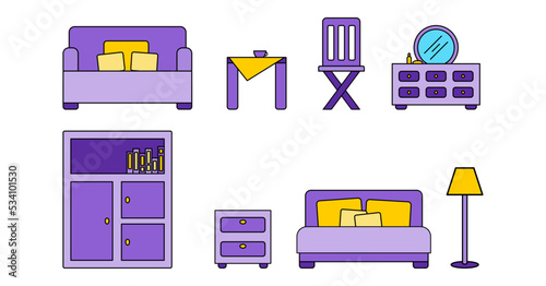 Set of furniture consist of sofa, table, chair, dressing table, cupboard, cabinet, bed, standing lamp