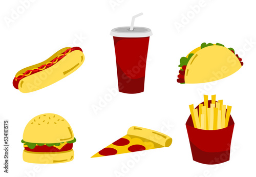 Set of fast food or junk food consist of hotdogs, tacos, burger, pizza, french fries, and soda